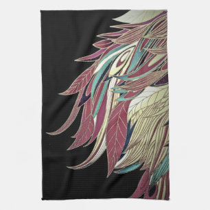Paño De Cocina Elegante hoja de pluma abstracta negra teal dorada