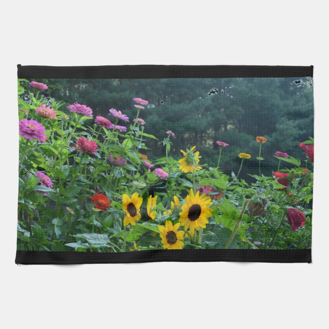 Paño De Cocina Elegante jardín florido girasoles mamáes zinnias (Horizontal)