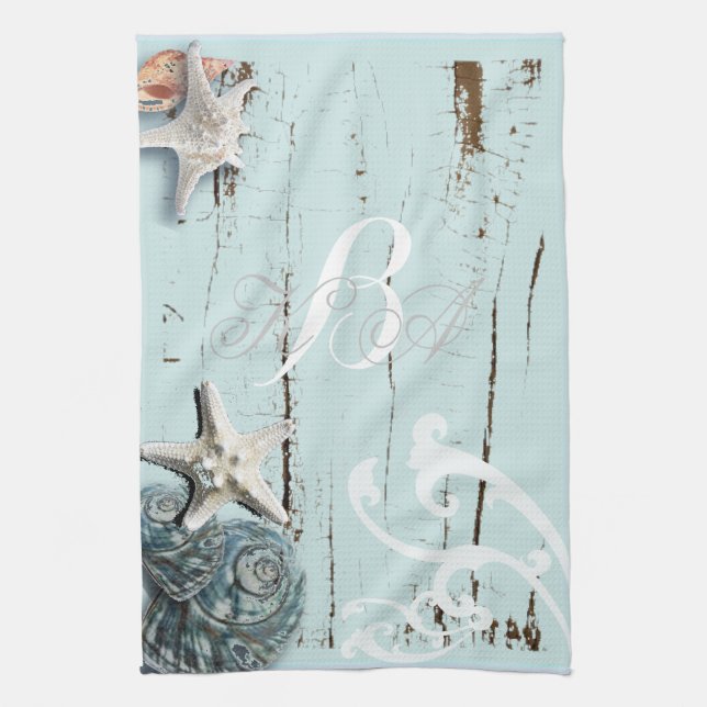 Paño De Cocina Elegante madera BLue Seashells Beach Wedding (Vertical)