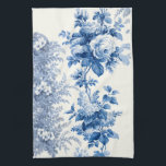 Paño De Cocina Elegante Moda Floral azul y blanca de época<br><div class="desc">Flores azules y grises clásicas y elegantes,  viñas y hojas sobre fondo blanco.</div>