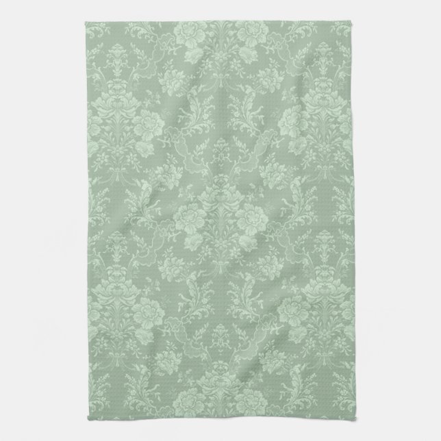 Paño De Cocina Elegante Moda romántica floral Damasco-Sage Verde (Vertical)