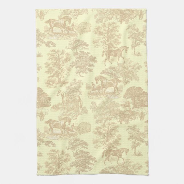 Paño De Cocina Elegante Moda Rústica Caballos Toile Beige Cream (Vertical)