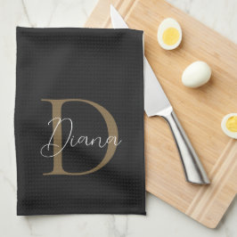 Paño De Cocina Elegante Monograma de la escritura de oro del Blac