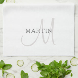 Paño De Cocina Elegante monograma de nombre   Blanco y gris
