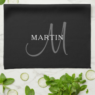 Paño De Cocina Elegante monograma de nombre   Negro Blanco y Gris