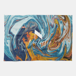 Paño De Cocina Elegante Monograma de Oro Azul de Lujo