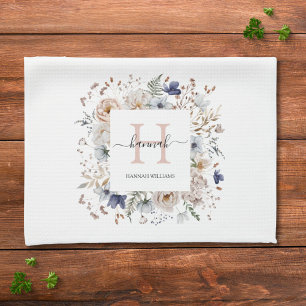 Paño De Cocina Elegante Monograma Hermosas Flores Beige Azul Flor