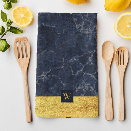 Paño De Cocina Elegante Monograma Mármol Azul