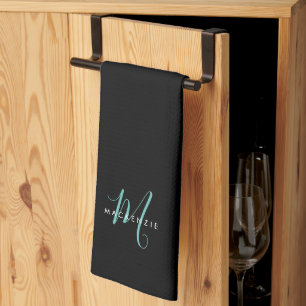 Paño De Cocina Elegante Monograma Moderno en Negro y Verde Teal