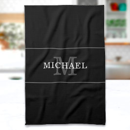 Paño De Cocina Elegante Monograma negro plateado Nombre personali