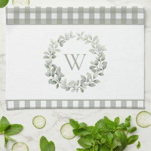 Paño De Cocina Elegante Monograma Verde Sabio Cuadros Blancos