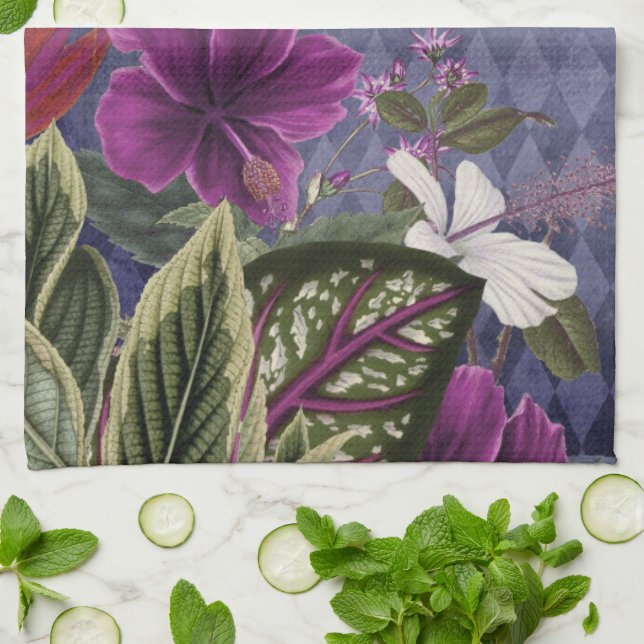 Paño De Cocina Elegante Morado Tropical Floral (Doblado)