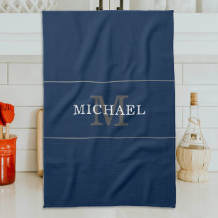 Paño De Cocina Elegante Navy Blue Silver Monograma Nombre persona