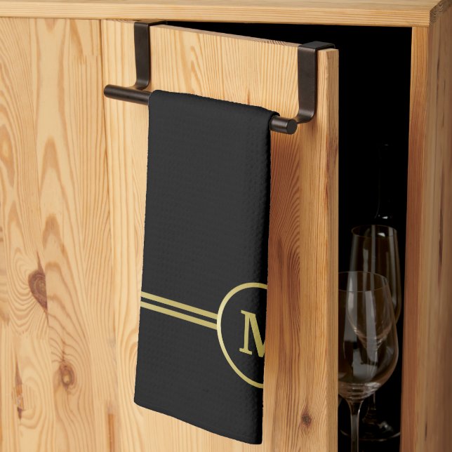 Paño De Cocina Elegante oro Monograma personalizado sobre negro (Pliegue de tercios)