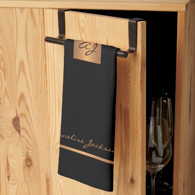 Paño De Cocina Elegante oro negro monogramado (Pliegue de tercios)