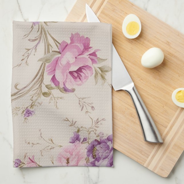 Paño De Cocina Elegante Pastel de flores rosadas y moradas de jar (Doblado Cuarto)
