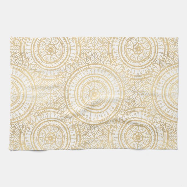 Paño De Cocina Elegante patrón blanco de girasol dorado Mandala (Horizontal)