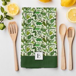 Paño De Cocina Elegante Patrón Botánico Verde con Monograma