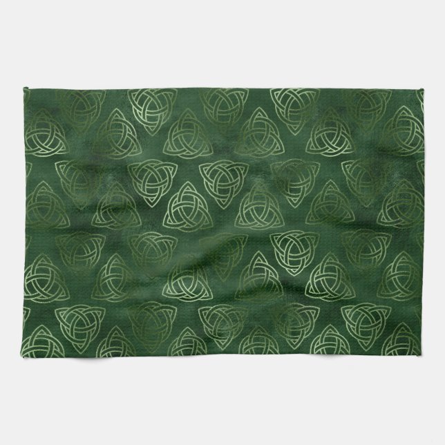 Paño De Cocina Elegante patrón celta irlandés verde y dorado (Horizontal)