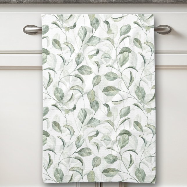 Paño De Cocina Elegante Patrón de acuarela de hojas verdes de sal (Elegant Sage Green Leaves Watercolor Pattern Kitchen Towel)
