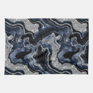 Paño De Cocina Elegante patrón de ágata azul marino y brillo plat
