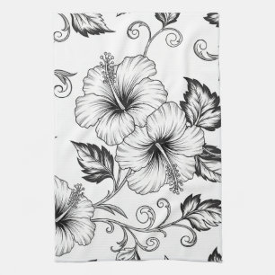 Paño De Cocina Elegante patrón de arte de línea floral en blanco