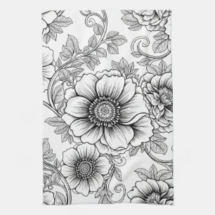 Paño De Cocina Elegante patrón de arte de línea floral en blanco 