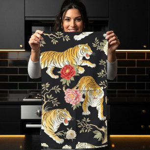 Paño De Cocina Elegante patrón de chinoiserie negro con tigre y p