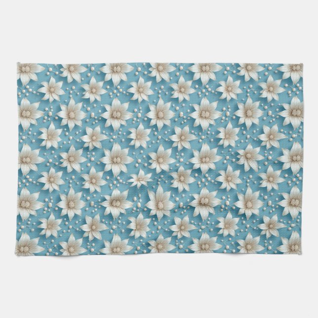 Paño De Cocina Elegante patrón de flores blancas con perlas (Horizontal)