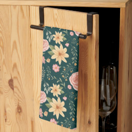 Paño De Cocina Elegante patrón de flores silvestres vintage verde