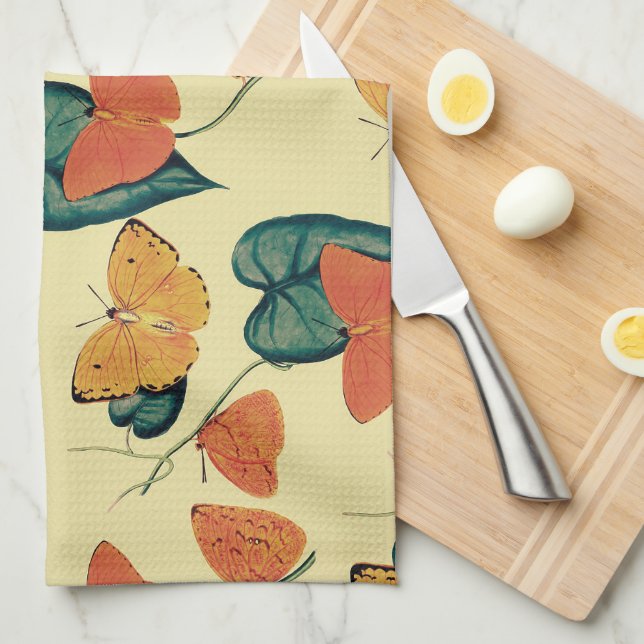 Paño De Cocina Elegante patrón de mariposas y hojas de época | (Doblado Cuarto)