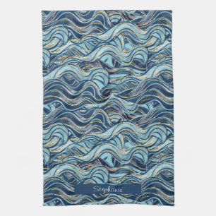 Paño De Cocina Elegante patrón de onda azul con acentos dorados