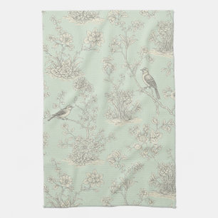 Paño De Cocina Elegante patrón de toile botánico de pájaro salvia