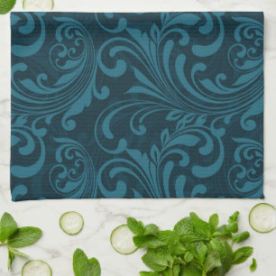 Paño De Cocina Elegante patrón floral barroco en azul turquesa