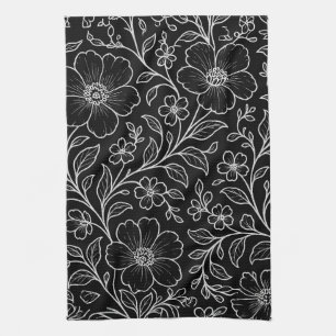Paño De Cocina Elegante patrón floral blanco negro