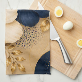 Paño De Cocina Elegante patrón floral botánico azul marino y dora
