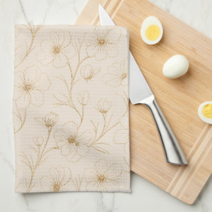 Paño De Cocina Elegante patrón floral dorado de arte lineal conti