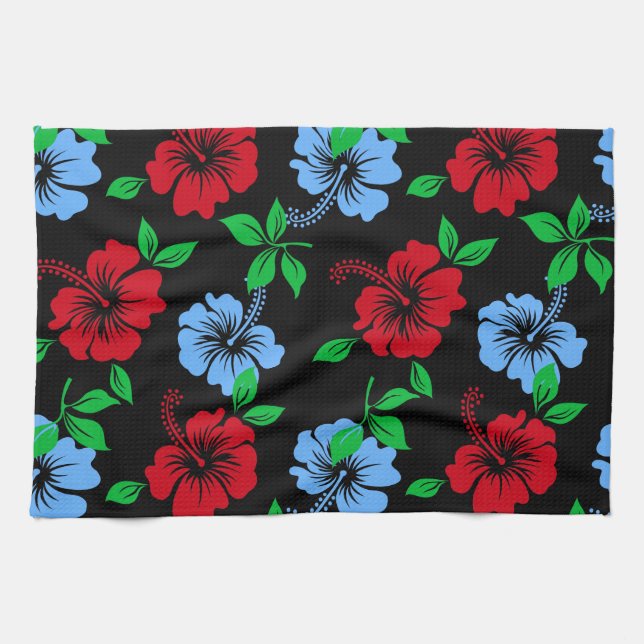 Paño De Cocina Elegante patrón floral tropical azul y rojo | (Horizontal)