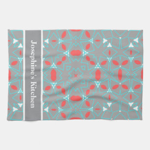 Paño De Cocina Elegante Patrón Geométrico Gris Turquesa Coral
