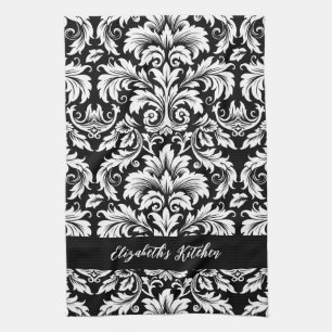 Paño De Cocina Elegante personalizado negro y blanco Damask 