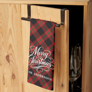 Paño De Cocina Elegante Plaid con Letra de Feliz Navidad con Esti