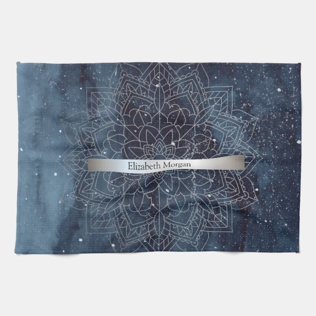 Paño De Cocina Elegante plata moderna Mandala Stripe Navy azul (Horizontal)