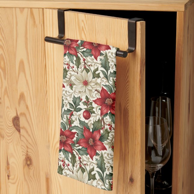 Paño De Cocina Elegante Poinsettia blanca y roja (Pliegue de tercios)