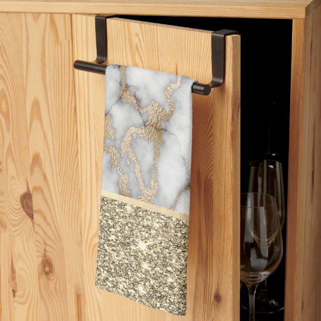 Paño De Cocina Elegante Purpurina dorado brillante mármol blanco (Pliegue de tercios)