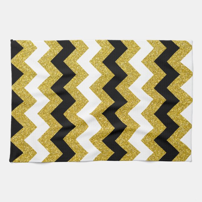 Paño De Cocina Elegante Purpurina dorado Chevron blanco negro (Horizontal)