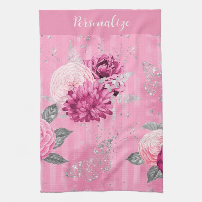 Paño De Cocina Elegante Purpurina rosa Roses plateado mariposa (Vertical)