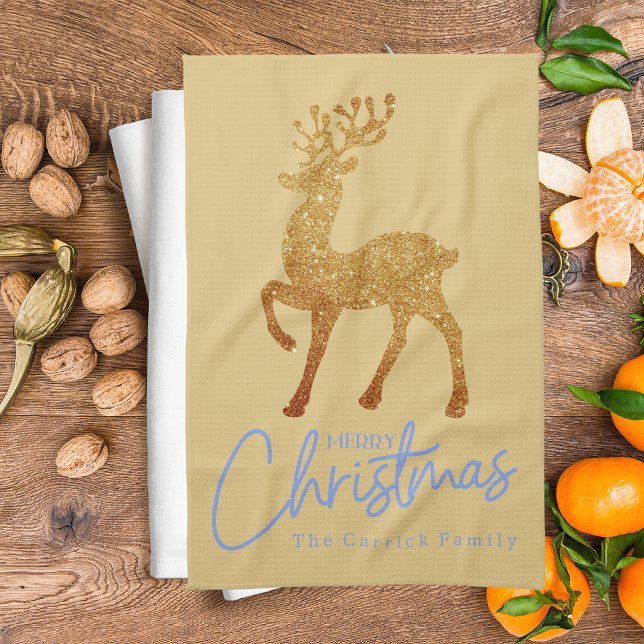 Paño De Cocina Elegante reno dorado Feliz guión navideño (Subido por el creador)