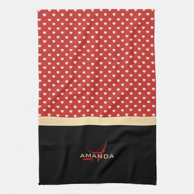 Paño De Cocina Elegante rojo y negro, Golden Hearts Nombre Monogr (Vertical)