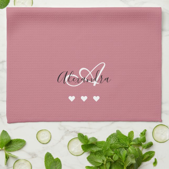 Paño De Cocina Elegante Rosa Gold Script Nombre Monograma Girly (Doblado)