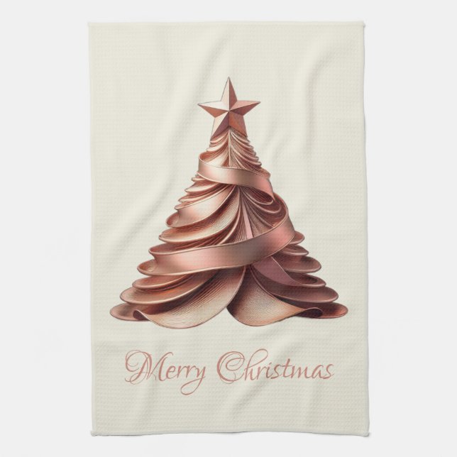 Paño De Cocina Elegante Rosa moderno árbol de Navidad dorado (Vertical)